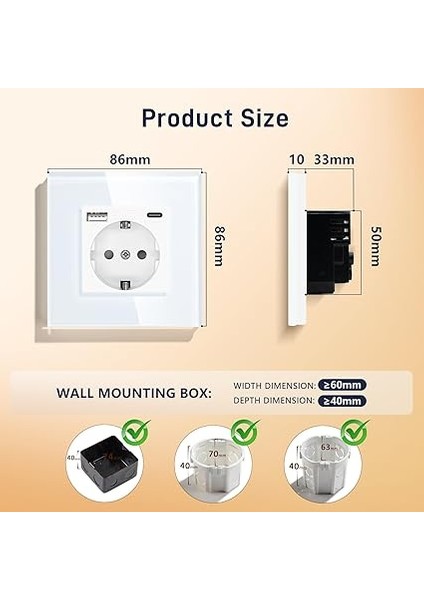 Schuko Priz USB (Maks. 2.1A) ve Tip C Portlu Beyaz Cam Sıva Altı Priz Topraklı Priz Şarj Cihazı Cep Telefonları, Dizüstü Bilgisayarlar Vs. Için fiyatları