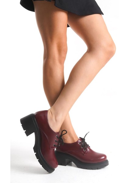 K-707 Bordo Kırışık Rugan Yüksek Tabanlı Bağcıklı Loafer Ayakkabı modelleri