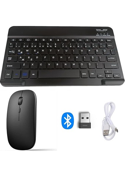 MT82 Kablosuz Bluetooth + USB Wifi Şarjlı Klavye Mouse Seti Ultra Ince Taşınabilir Türkçe Q Klavye (Siyah)