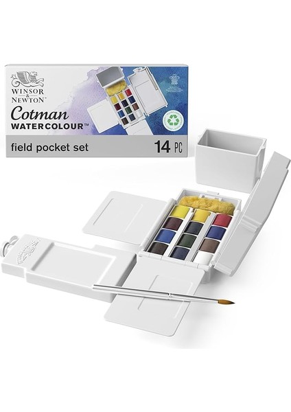 &amp; Newton 0390639 Cotman Field Box Sulu Boya Seti, Yüksek Işık Haslığına Sahip Canlı Sulu Boya, Geniş Renk Seçenekleri, Eskimeye Karşı Dayanıklı - 1/2 Kapta 12 Renk, Karıştırma Paleti, Su Tankı