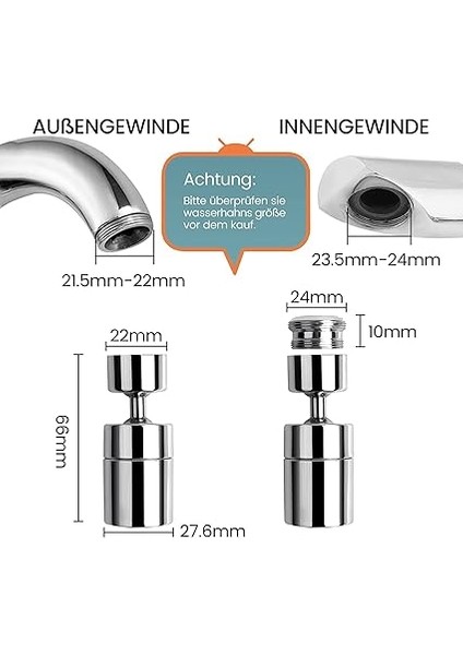 Musluk Havalandırıcı, 2 Püskürtme Fonksiyonu, Musluk Püskürtme Regülatörü, M24 M22 80° Büyük Açı Ayarlanabilir, 360 Derece Döndürülebilir, Çift Fonksiyonlu Su Tasarruflu, Mutfak/banyo Musluğu Için modelleri