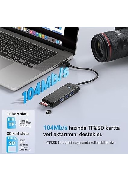 Type-C To 3.0 Tf Sd Kart Okuyucu 3 Portlu USB 3.0 Çoklayıcı Adaptör Siyah modelleri