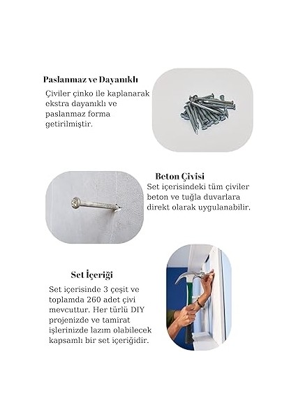260 Adet Paslanmaz Beton Çivisi Seti - 3 Çeşit Çelik Beton, Duvar, Parke Çivisi modelleri