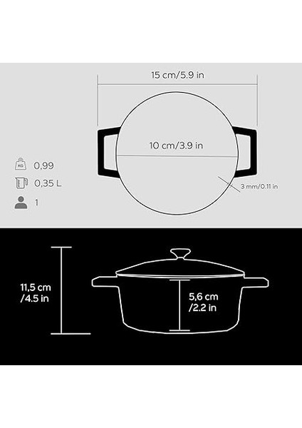 Metal Döküm Mini Tencere, Trendy, 10 Cm, 0.35 L Hacim, Siyah indirimleri