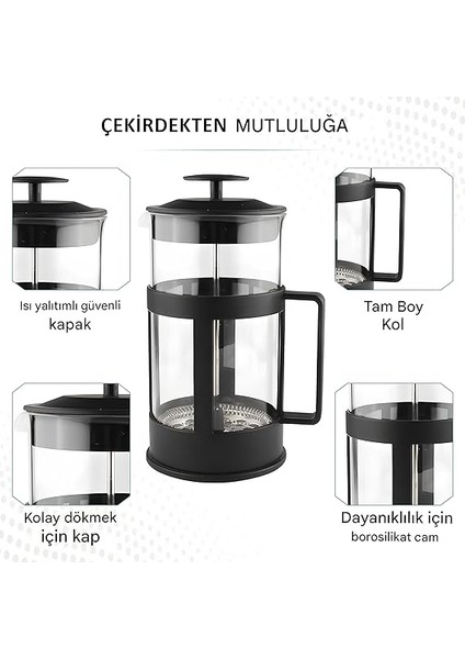 350 ml Cam French Press – Isıya Dayanıklı Cam, Paslanmaz Çelik Filtreli, Siyah Renkli Kahve ve Bitki Çayı Demliği fırsatları