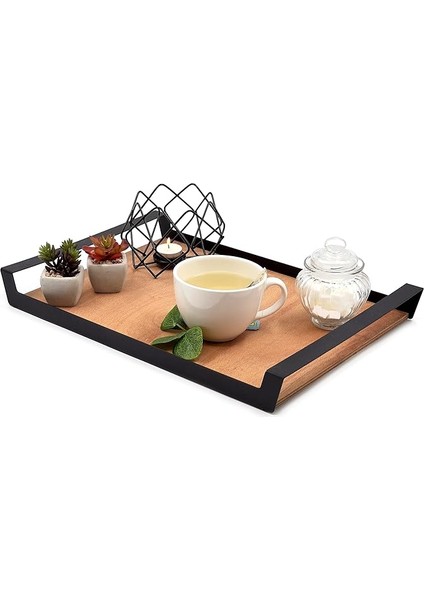 Büyük Ham Renk Servis ve Sunum Tepsisi, Metal Kulplu Ahşap Tepsi - 48,5X32 cm