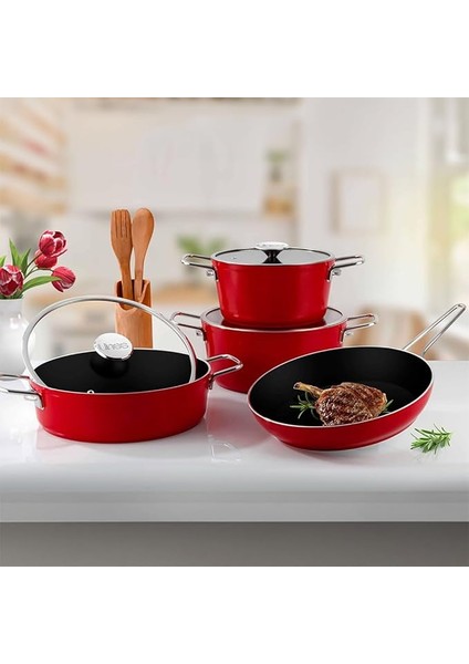 Rozella 7 Parça Titanyum Tencere Seti - Kırmızı