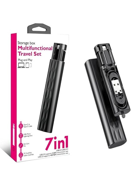 Aksesaurcı 7 In 1 Çok Işlevli USB C Adaptör Seti Type-C, Usb, Micro Light-Ning Port, Seyahat Için USB Kablosu Sim Kart, Hafıza Kartı Saklama Kutusu, Kameralar ve Daha Fazlası Için