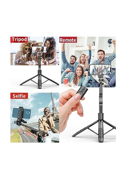 Bluetooth Uzaktan Kumandalı Selfie Çubuğu Tripod – 360° Döner, 150 cm Ayarlanabilir, Hafif Taşınabilir, iPhone ve Android Uyumlu, Vlog, Video, Seyahat Için modelleri