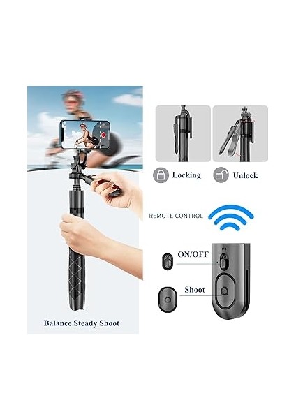 Bluetooth Uzaktan Kumandalı Selfie Çubuğu Tripod – 360° Döner, 150 cm Ayarlanabilir, Hafif Taşınabilir, iPhone ve Android Uyumlu, Vlog, Video, Seyahat Için indirimleri