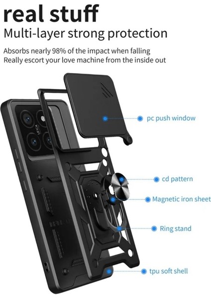 Xiaomi 14T Uyumlu Tank Kılıf Yüzüklü Standlı Extra Darbe Koruma Zırhlı Outdoor Kapak - Siyah indirimleri