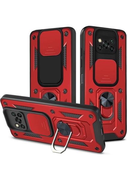 Poco X3 Nfc Uyumlu Tank Kılıf Yüzüklü Standlı Extra Darbe Koruma Zırhlı Outdoor Kapak - Kırmızı