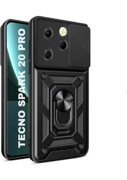 Tecno Spark 20 Pro Uyumlu Tank Kılıf Yüzüklü Standlı Extra Darbe Koruma Zırhlı Outdoor Kapak - Siyah