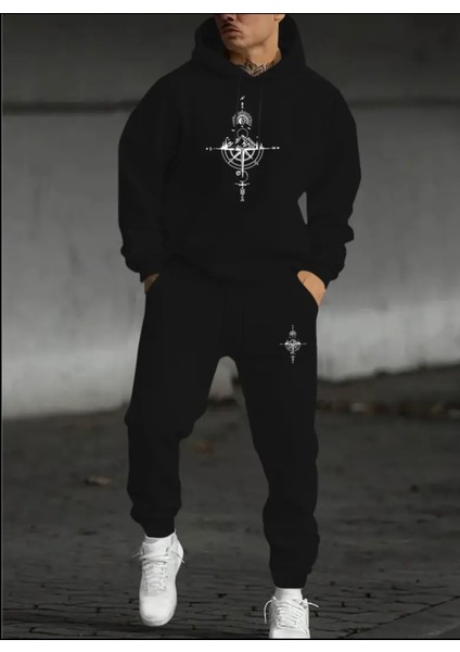 Punıx Büyük Beden Özel Tasarım Pusula Baskılı Kapüşonlu Kışlık Eşofman Takımı