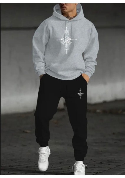 Punıx Büyük Beden Özel Tasarım Pusula Baskılı Kapüşonlu Kışlık Eşofman Takımı