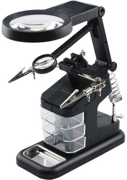 Çok Fonksiyonlu Masaüstü Büyüteç 3x 4.5x 25X Büyütme Ayarlanabilir Yön 3 Küçük Çekmeceli Timsah Klipsleri Sabit Elektrik Devre Kartı Onarım Çip Algılama Siyah