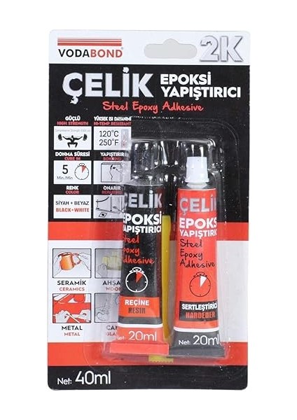 Seramik Ahşap Metal Plastik Cam Çelik Epoksi Yapıştırıcı 20+20 ml