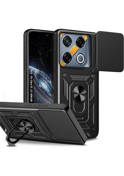 Infinix Gt 20 Pro Uyumlu Tank Kılıf Yüzüklü Standlı Extra Darbe Koruma Zırhlı Outdoor Kapak - Siyah