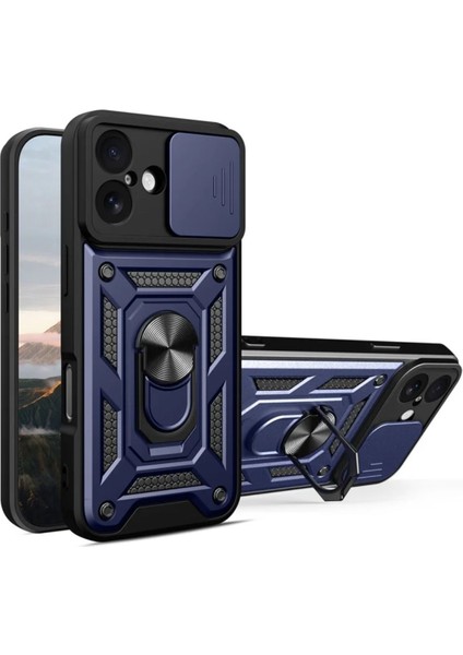 Apple iPhone 17 Uyumlu Tank Kılıf Yüzüklü Standlı Extra Darbe Koruma Zırhlı Outdoor Kapak - Lacivert