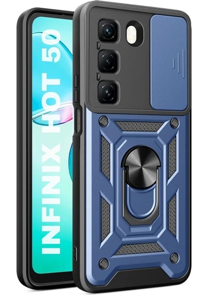 Infinix Hot 50 4G Uyumlu Tank Kılıf Yüzüklü Standlı Extra Darbe Koruma Zırhlı Outdoor Kapak - Lacivert