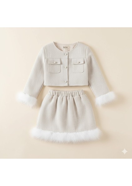 Şık Tüylü Kız Çocuk Ceketli Etek Takım – Özel Günlerin Yıldızı!