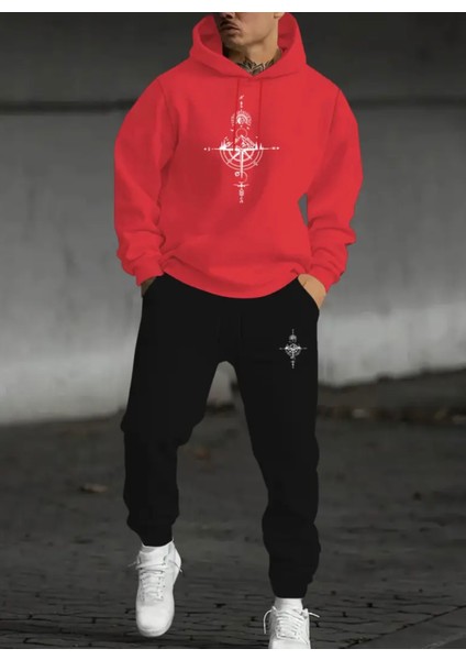 Punıx Büyük Beden Özel Tasarım Pusula Baskılı Kapüşonlu Kışlık Eşofman Takımı