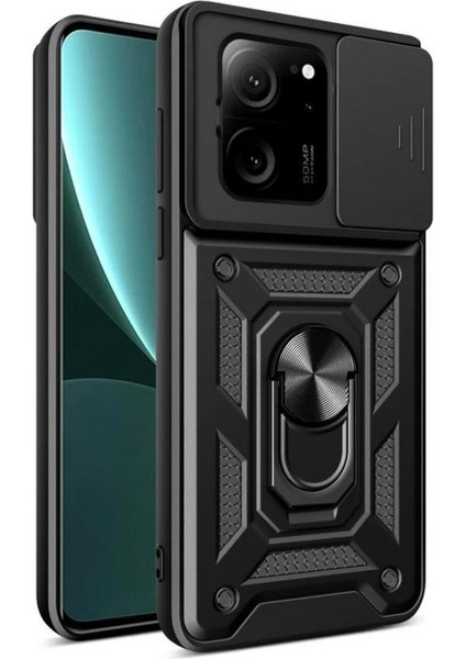 Xiaomi 13T Uyumlu Tank Kılıf Yüzüklü Standlı Extra Darbe Koruma Zırhlı Outdoor Kapak - Siyah