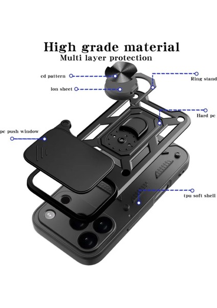 Apple iPhone 17 Pro Uyumlu Tank Kılıf Yüzüklü Standlı Extra Darbe Koruma Zırhlı Outdoor Kapak - Kırmızı indirimleri