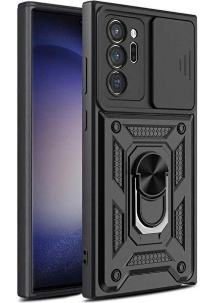 Samsung Galaxy Note 20 Ultra Uyumlu Tank Kılıf Yüzüklü Standlı Extra Darbe Koruma Zırhlı Outdoor Kapak - Siyah