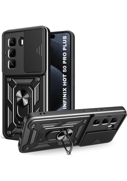 Infinix Hot 50 Pro Plus Uyumlu Tank Kılıf Yüzüklü Standlı Extra Darbe Koruma Zırhlı Outdoor Kapak - Siyah