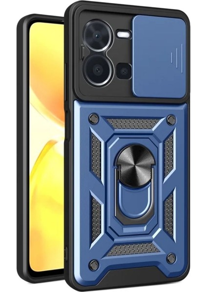 Vivo Y22S Uyumlu Tank Kılıf Yüzüklü Standlı Extra Darbe Koruma Zırhlı Outdoor Kapak - Lacivert