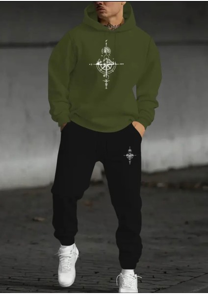 Punıx Büyük Beden Özel Tasarım Pusula Baskılı Kapüşonlu Kışlık Eşofman Takımı