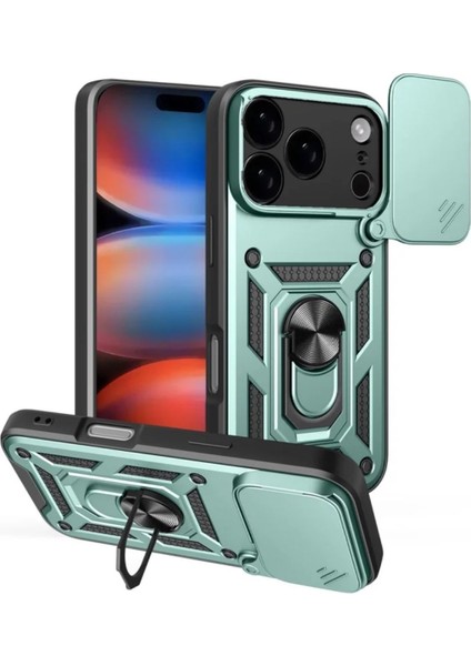 Apple iPhone 17 Pro Uyumlu Tank Kılıf Yüzüklü Standlı Extra Darbe Koruma Zırhlı Outdoor Kapak - Yeşil