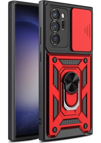 Samsung Galaxy Note 20 Ultra Uyumlu Tank Kılıf Yüzüklü Standlı Extra Darbe Koruma Zırhlı Outdoor Kapak - Kırmızı