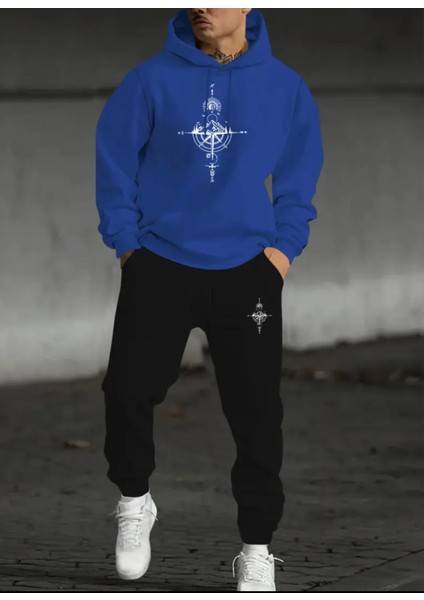 Punıx Büyük Beden Özel Tasarım Pusula Baskılı Kapüşonlu Kışlık Eşofman Takımı