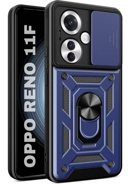 Oppo Reno 11F Uyumlu Tank Kılıf Yüzüklü Standlı Extra Darbe Koruma Zırhlı Outdoor Kapak - Lacivert