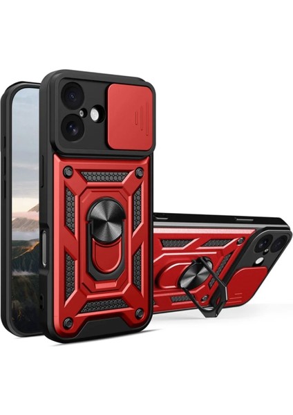 Apple iPhone 17 Uyumlu Tank Kılıf Yüzüklü Standlı Extra Darbe Koruma Zırhlı Outdoor Kapak - Kırmızı