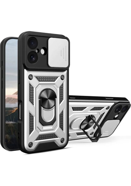 Apple iPhone 17 Uyumlu Tank Kılıf Yüzüklü Standlı Extra Darbe Koruma Zırhlı Outdoor Kapak - Gri