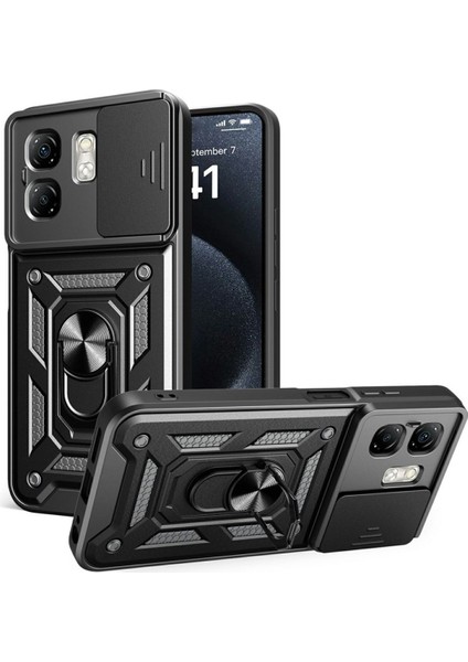 Infinix Hot 50I Uyumlu Tank Kılıf Yüzüklü Standlı Extra Darbe Koruma Zırhlı Outdoor Kapak - Siyah