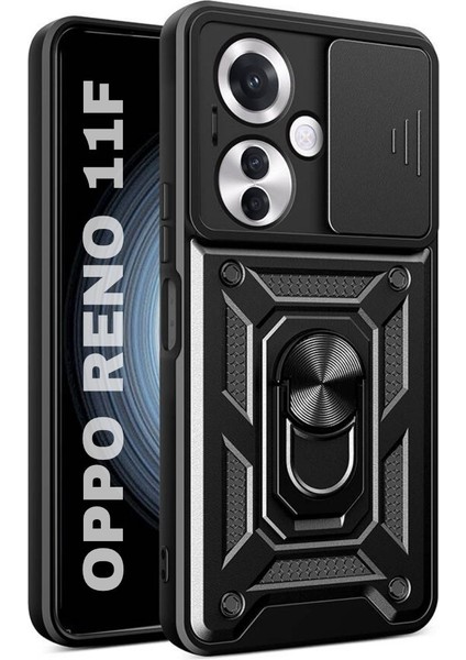 Oppo Reno 11F Uyumlu Tank Kılıf Yüzüklü Standlı Extra Darbe Koruma Zırhlı Outdoor Kapak - Siyah