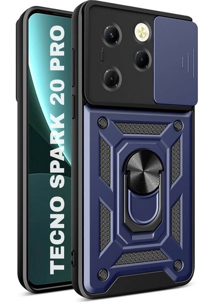 Tecno Spark 20 Pro Uyumlu Tank Kılıf Yüzüklü Standlı Extra Darbe Koruma Zırhlı Outdoor Kapak - Lacivert