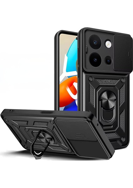 Vivo Y36 Uyumlu Tank Kılıf Yüzüklü Standlı Extra Darbe Koruma Zırhlı Outdoor Kapak - Siyah