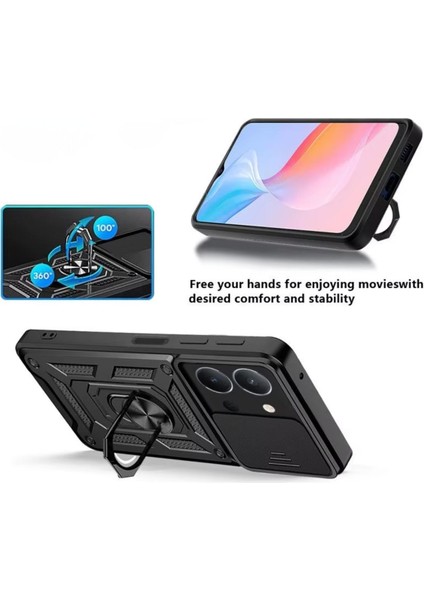 Vivo Y36 Uyumlu Tank Kılıf Yüzüklü Standlı Extra Darbe Koruma Zırhlı Outdoor Kapak - Siyah modelleri