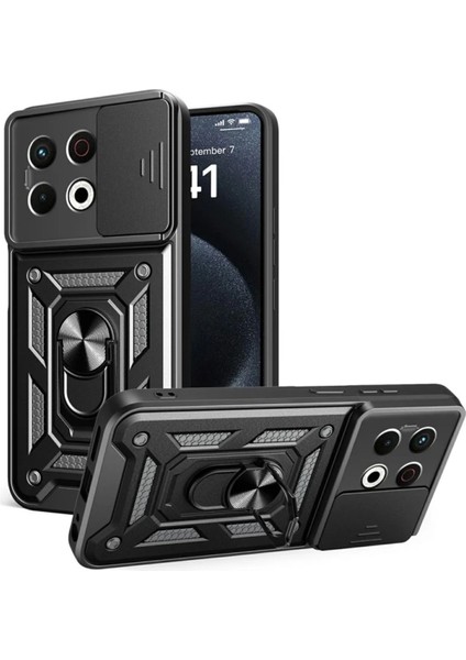 Tecno Spark 30 Pro Uyumlu Tank Kılıf Yüzüklü Standlı Extra Darbe Koruma Zırhlı Outdoor Kapak - Siyah