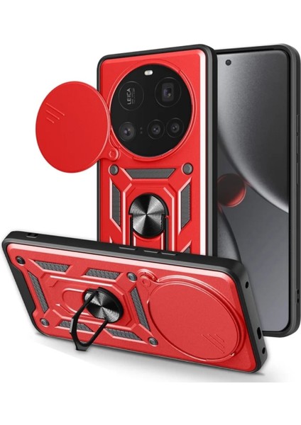 Xiaomi 15 Ultra Uyumlu Tank Kılıf Yüzüklü Standlı Extra Darbe Koruma Zırhlı Outdoor Kapak - Kırmızı