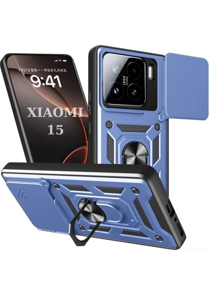 Xiaomi 15 Uyumlu Tank Kılıf Yüzüklü Standlı Extra Darbe Koruma Zırhlı Outdoor Kapak - Lacivert