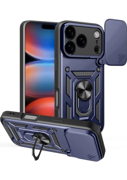 Apple iPhone 17 Pro Uyumlu Tank Kılıf Yüzüklü Standlı Extra Darbe Koruma Zırhlı Outdoor Kapak - Lacivert