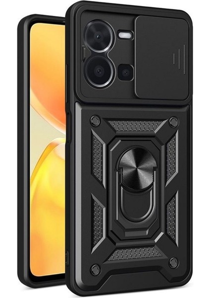 Vivo Y22S Uyumlu Tank Kılıf Yüzüklü Standlı Extra Darbe Koruma Zırhlı Outdoor Kapak - Siyah