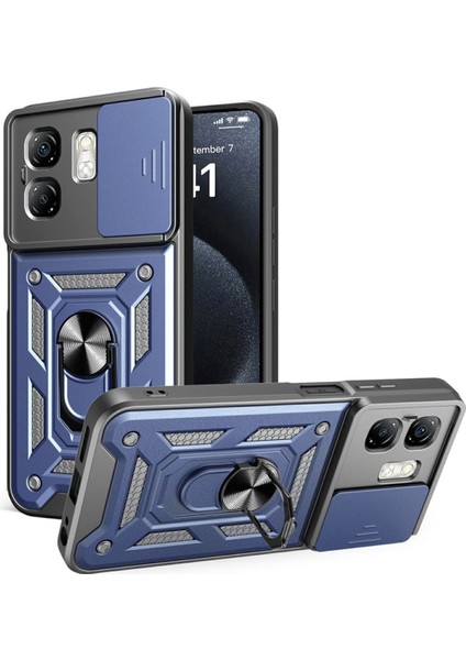 Infinix Hot 50I Uyumlu Tank Kılıf Yüzüklü Standlı Extra Darbe Koruma Zırhlı Outdoor Kapak - Lacivert