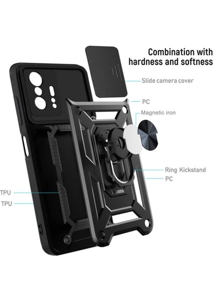 Xiaomi 11T Uyumlu Tank Kılıf Yüzüklü Standlı Extra Darbe Koruma Zırhlı Outdoor Kapak - Siyah indirimleri
